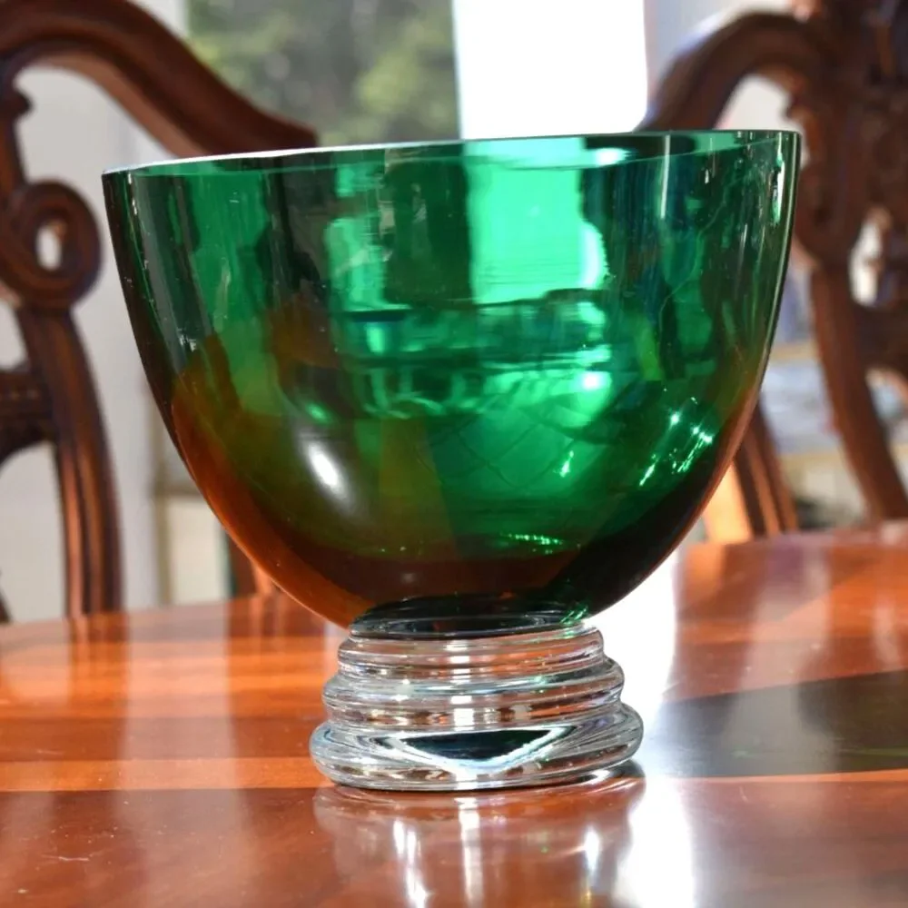 Vintage MCM Emerald Green Art Glass Centerpiece Bowl Clear Crystal Footed Base
